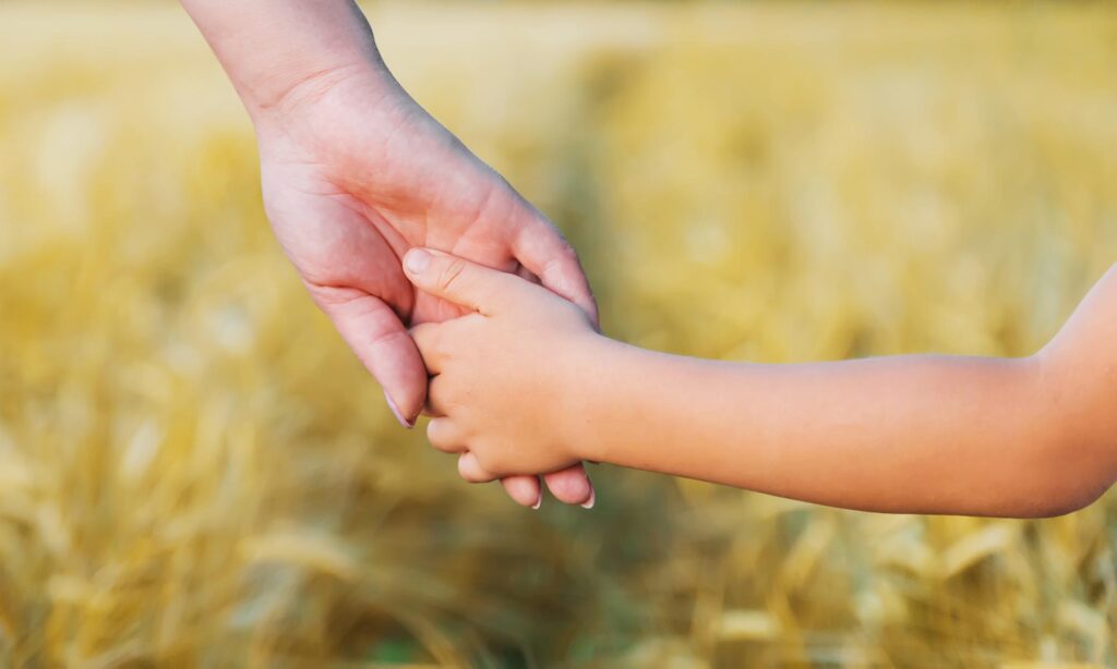 Kinderhand hält die Hand eines Erwachsenen vor einem Getreidefeld